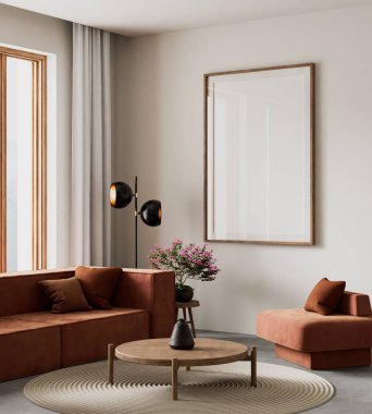 Japandi ve İskandinav stillerini minimalist tasarım, doğal malzemeler ve sıcak nötr tonlarla harmanlayan sakin bir oturma odası. 3B illüstrasyon