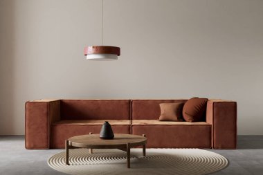 Japandi ve İskandinav stillerini minimalist tasarım, doğal malzemeler ve sıcak nötr tonlarla harmanlayan sakin bir oturma odası. 3B illüstrasyon