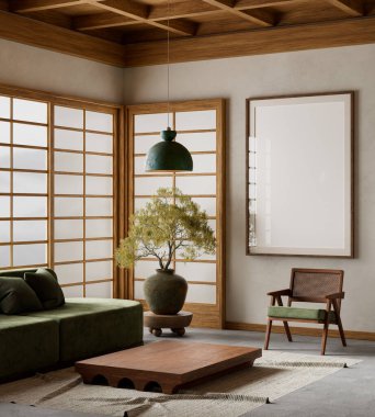 Japandi ve İskandinav stillerini minimalist tasarım, doğal malzemeler ve sıcak nötr tonlarla harmanlayan sakin bir oturma odası. 3B illüstrasyon