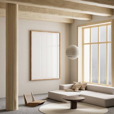 Japandi ve İskandinav stillerini minimalist tasarım, doğal malzemeler ve sıcak nötr tonlarla harmanlayan sakin bir oturma odası. 3B illüstrasyon