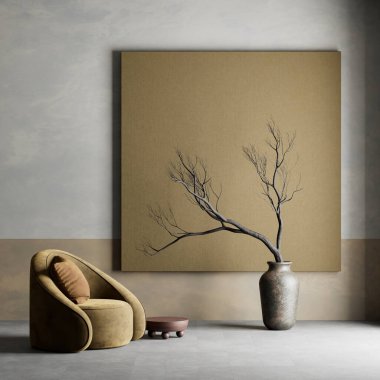 Japandi ve İskandinav stillerini minimalist tasarım, doğal malzemeler ve sıcak nötr tonlarla harmanlayan sakin bir oturma odası. 3B illüstrasyon