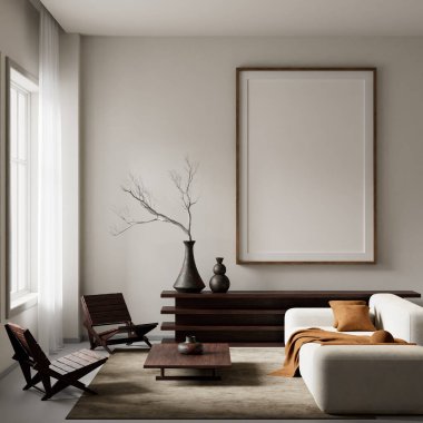 Japandi ve İskandinav stillerini minimalist tasarım, doğal malzemeler ve sıcak nötr tonlarla harmanlayan sakin bir oturma odası. 3B illüstrasyon