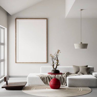 Japandi ve İskandinav stillerini minimalist tasarım, doğal malzemeler ve sıcak nötr tonlarla harmanlayan sakin bir oturma odası. 3B illüstrasyon
