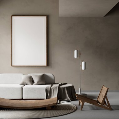 Japandi ve İskandinav stillerini minimalist tasarım, doğal malzemeler ve sıcak nötr tonlarla harmanlayan sakin bir oturma odası. 3B illüstrasyon