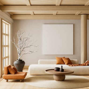 Japandi ve İskandinav stillerini minimalist tasarım, doğal malzemeler ve sıcak nötr tonlarla harmanlayan sakin bir oturma odası. 3B illüstrasyon