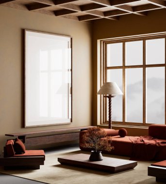 Japandi ve İskandinav stillerini minimalist tasarım, doğal malzemeler ve sıcak nötr tonlarla harmanlayan sakin bir oturma odası. 3B illüstrasyon