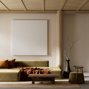 Japandi ve İskandinav stillerini minimalist tasarım, doğal malzemeler ve sıcak nötr tonlarla harmanlayan sakin bir oturma odası. 3B illüstrasyon