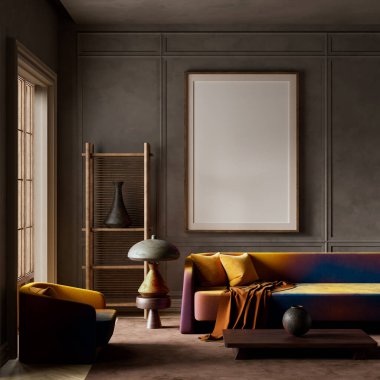 Çarpıcı iç mekan, canlı gradyan mobilyaları heykel dekorları ile birleştirerek, retro yetenek ve modern karmaşıklık arasında benzersiz bir uyum yaratır. 3B illüstrasyon