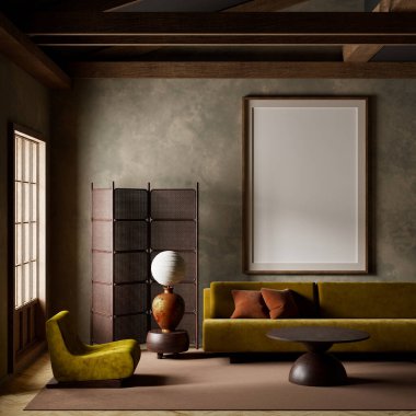 Bu zarif iç mekan geleneksel Japon tasarımıyla modern konforu birleştirir. Doğal ışık, dünyevi renkler ve basit formlar barışçıl bir atmosfer yaratır. 3B illüstrasyon