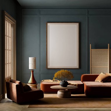 Rahat ve sofistike oturma odası modern tasarımı doğal elementlerle harmanlıyor. Pas rengi koltuklar, minimalist yuvarlak kahve masası ve yumuşak, sessiz bir renk paleti. 3B illüstrasyon