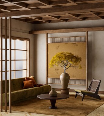 Topraksı tonları, düşük koltukları ve seramik vazoları olan modern bir oda. Saksı ağacı ve Japon esinlenerek sakin, zarif ve minimalist bir atmosfer yaratıldı. 3B illüstrasyon