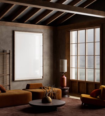 Mekan, Japonların esinlendiği zarafeti kucaklıyor. Basitliğin modern rahatlıkla buluştuğu, rahatlatıcı ve sessiz bir düşünce için mükemmel bir atmosfer yarattığı yer. 3B illüstrasyon