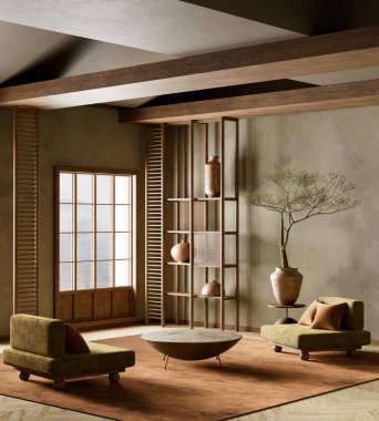 Huzurlu, minimalist bir yaşam alanı. Topraksı tonlarıyla, yumuşak ışıklandırmasıyla ve doğal dokuları, düşük mobilyaları ve zarif ahşap bölümleri olan Japonca esinlenilmiş bir dekor. 3B illüstrasyon