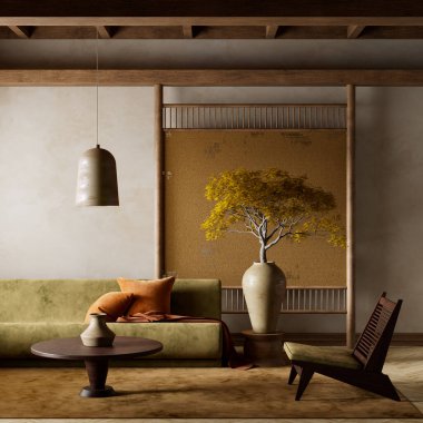 Topraksı tonları, düşük koltukları ve seramik vazoları olan modern bir oda. Saksı ağacı ve Japon esinlenerek sakin, zarif ve minimalist bir atmosfer yaratıldı. 3B illüstrasyon