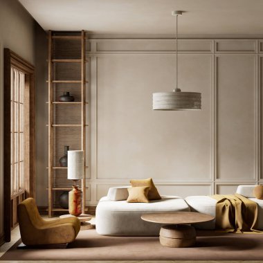 Sakin ve zarif bir atmosfer için yumuşak nötrleri, doğal ahşabı ve minimalist tasarımı birleştiren rahat, modern bir yaşam alanı.