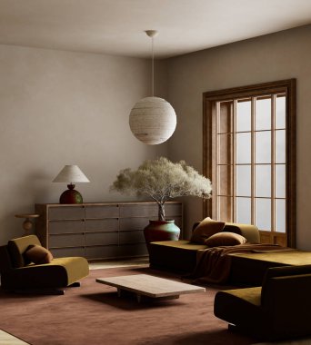 Doğal zarafet ve dengenin mükemmel bir dokunuşu için sakin, toprak tonlarını, modern mobilyaları ve heykel ağacını harmanlayan bir yer.