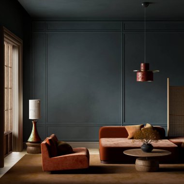 Rahat ve sofistike oturma odası modern tasarımı doğal elementlerle harmanlıyor. Pas rengi koltuklar, minimalist yuvarlak kahve masası ve yumuşak, sessiz bir renk paleti. 3B illüstrasyon
