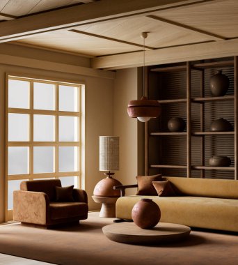 Japon estetiğini doğal tonlarla harmanlayan sıcak, minimalist bir oturma odası, dokulu çömlekçilik ve yumuşak ışıklandırma sakin, dengeli bir atmosfer için.