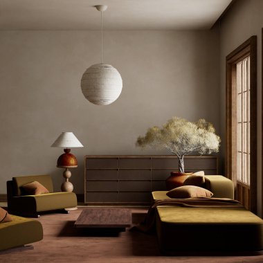 Doğal zarafet ve dengenin mükemmel bir dokunuşu için sakin, toprak tonlarını, modern mobilyaları ve heykel ağacını harmanlayan bir yer.