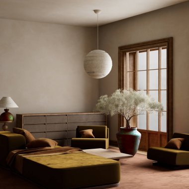 Doğal zarafet ve dengenin mükemmel bir dokunuşu için sakin, toprak tonlarını, modern mobilyaları ve heykel ağacını harmanlayan bir yer.