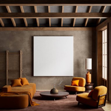 Mekan, Japonların esinlendiği zarafeti kucaklıyor. Basitliğin modern rahatlıkla buluştuğu, rahatlatıcı ve sessiz bir düşünce için mükemmel bir atmosfer yarattığı yer. 3B illüstrasyon