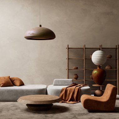 Sıcak ve modern bir estetik için doğal dokuları, yumuşak ışıkları ve toprak renklerini harmanlayan rahatlatıcı, minimalist bir yaşam alanı. 3B illüstrasyon