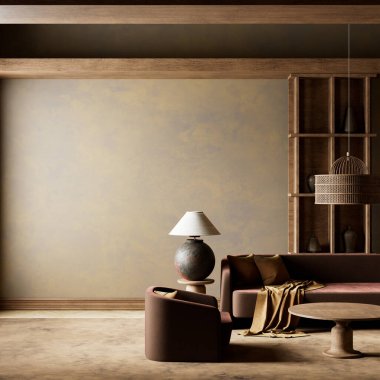 Dünya tonları, doğal dokuları ve modern minimalizmi ve samimi sıcaklığı harmanlayan heykel desenli sakin bir yaşam alanı. 3B illüstrasyon