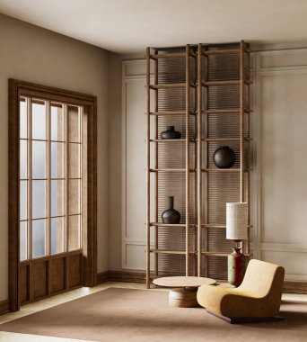 Sakin ve zarif bir atmosfer için yumuşak nötrleri, doğal ahşabı ve minimalist tasarımı birleştiren rahat, modern bir yaşam alanı.