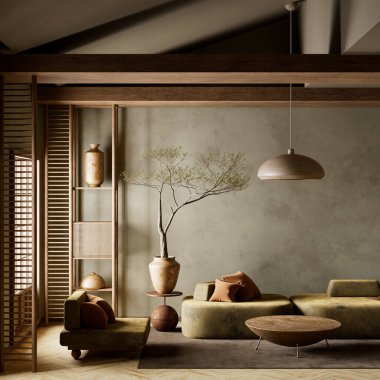Huzurlu, minimalist bir yaşam alanı. Topraksı tonlarıyla, yumuşak ışıklandırmasıyla ve doğal dokuları, düşük mobilyaları ve zarif ahşap bölümleri olan Japonca esinlenilmiş bir dekor. 3B illüstrasyon