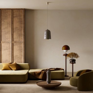 Zeytin yeşili koltuklu minimalist bir yaşam alanı, sıcak ahşap aksanlı ve sakin ve zarif bir palet. 3B illüstrasyon