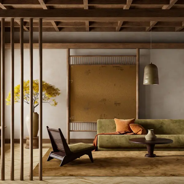 Topraksı tonları, düşük koltukları ve seramik vazoları olan modern bir oda. Saksı ağacı ve Japon esinlenerek sakin, zarif ve minimalist bir atmosfer yaratıldı. 3B illüstrasyon