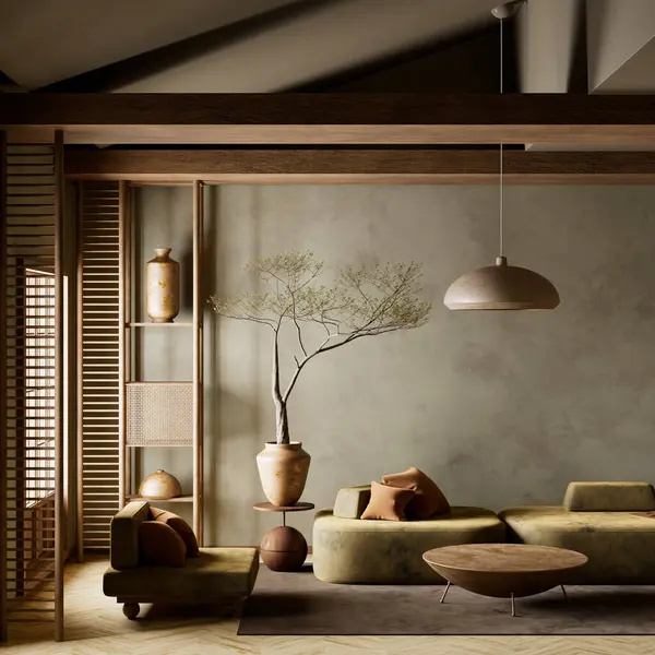 Huzurlu, minimalist bir yaşam alanı. Topraksı tonlarıyla, yumuşak ışıklandırmasıyla ve doğal dokuları, düşük mobilyaları ve zarif ahşap bölümleri olan Japonca esinlenilmiş bir dekor. 3B illüstrasyon