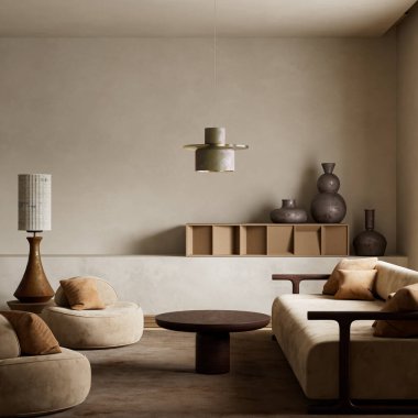 İskandinav sadeliği, bu sakin, minimalist alanda doğal tonların, temiz çizgilerin ve sakin işlevselliğin altını çizen Japon zarafetiyle harmanlanır. 3B illüstrasyon