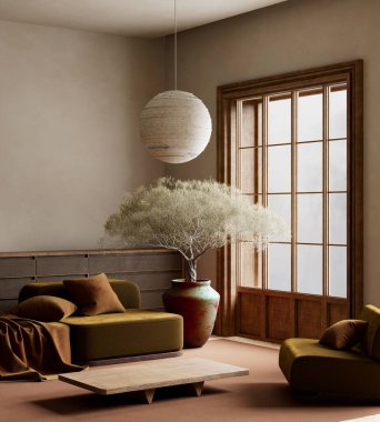 Doğal zarafet ve dengenin mükemmel bir dokunuşu için sakin, toprak tonlarını, modern mobilyaları ve heykel ağacını harmanlayan bir yer.