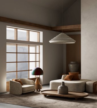 Yumuşak dokuları, toprak renkleri ve heykel aksanlarıyla huzurlu ve modern minimalist bir atmosfer yaratan sakin bir oturma odası. 3B illüstrasyon