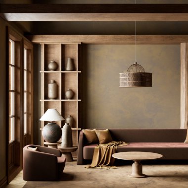 Dünya tonları, doğal dokuları ve modern minimalizmi ve samimi sıcaklığı harmanlayan heykel desenli sakin bir yaşam alanı. 3B illüstrasyon