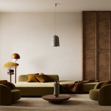 Zeytin yeşili koltuklu minimalist bir yaşam alanı, sıcak ahşap aksanlı ve sakin ve zarif bir palet. 3B illüstrasyon