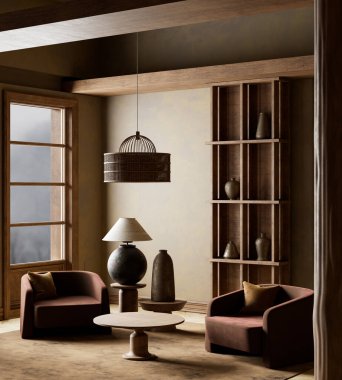 Dünya tonları, doğal dokuları ve modern minimalizmi ve samimi sıcaklığı harmanlayan heykel desenli sakin bir yaşam alanı. 3B illüstrasyon