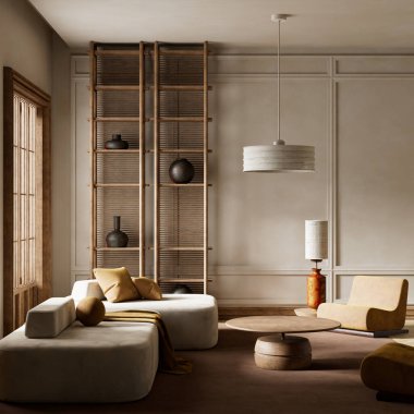 Sakin ve zarif bir atmosfer için yumuşak nötrleri, doğal ahşabı ve minimalist tasarımı birleştiren rahat, modern bir yaşam alanı.