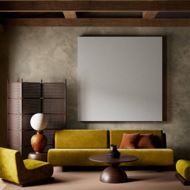 Bu zarif iç mekan geleneksel Japon tasarımıyla modern konforu birleştirir. Doğal ışık, dünyevi renkler ve basit formlar barışçıl bir atmosfer yaratır. 3B illüstrasyon