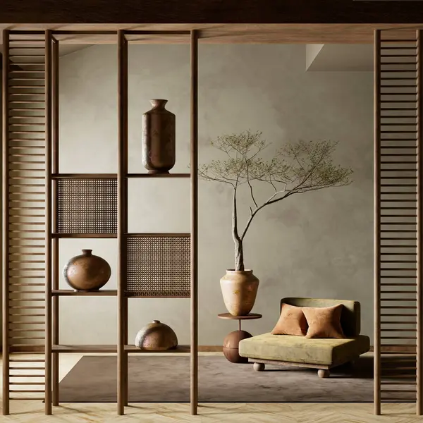 Huzurlu, minimalist bir yaşam alanı. Topraksı tonlarıyla, yumuşak ışıklandırmasıyla ve doğal dokuları, düşük mobilyaları ve zarif ahşap bölümleri olan Japonca esinlenilmiş bir dekor. 3B illüstrasyon
