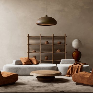 Sıcak ve modern bir estetik için doğal dokuları, yumuşak ışıkları ve toprak renklerini harmanlayan rahatlatıcı, minimalist bir yaşam alanı. 3B illüstrasyon