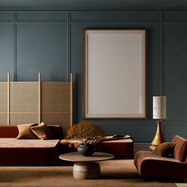 Rahat ve sofistike oturma odası modern tasarımı doğal elementlerle harmanlıyor. Pas rengi koltuklar, minimalist yuvarlak kahve masası ve yumuşak, sessiz bir renk paleti. 3B illüstrasyon