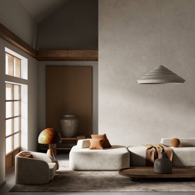 Yumuşak dokuları, toprak renkleri ve heykel aksanlarıyla huzurlu ve modern minimalist bir atmosfer yaratan sakin bir oturma odası. 3B illüstrasyon