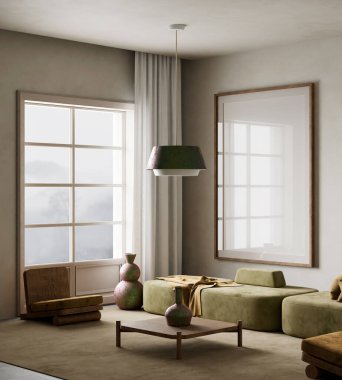 Sakin, minimalist bir oturma odası. Toprak tonları, düşük profilli mobilyalar ve sakin ve rahat bir atmosfer için doğal ışık. 3B illüstrasyon