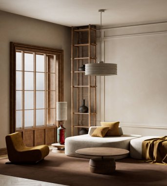 Sakin ve zarif bir atmosfer için yumuşak nötrleri, doğal ahşabı ve minimalist tasarımı birleştiren rahat, modern bir yaşam alanı.