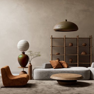 Sıcak ve modern bir estetik için doğal dokuları, yumuşak ışıkları ve toprak renklerini harmanlayan rahatlatıcı, minimalist bir yaşam alanı. 3B illüstrasyon