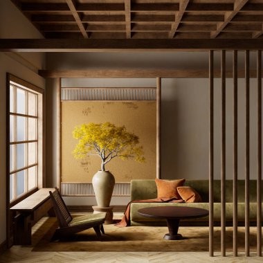 Topraksı tonları, düşük koltukları ve seramik vazoları olan modern bir oda. Saksı ağacı ve Japon esinlenerek sakin, zarif ve minimalist bir atmosfer yaratıldı. 3B illüstrasyon