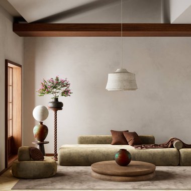 Yumuşak toprak tonlarının, organik dokuların, el yapımı çömleklerin ve sakin ve misafirperver bir atmosfer yaratan sıcak ahşap aksanların olduğu sakin bir oturma odası. 3B illüstrasyon