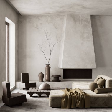 Monolitik biçimler, ham dokular ve ahenkli tonların ve minimalist estetiğin karışımından oluşan cesur ve gaddar bir oturma odası. 3 boyutlu illüstrasyon.